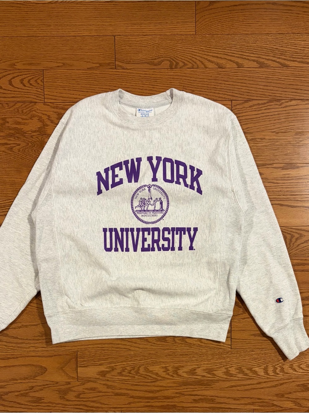 Champion Gray Crewneck Sweatshirt with Purple "New York University" Graphic